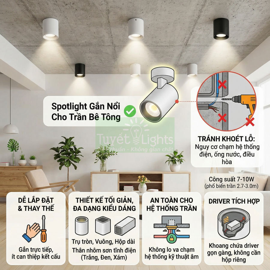Đèn spotlight gắn nổi trần bê tông Tuyết Lights chiếu sáng phòng khách hiện đại, dễ lắp đặt và an toàn hệ thống trần