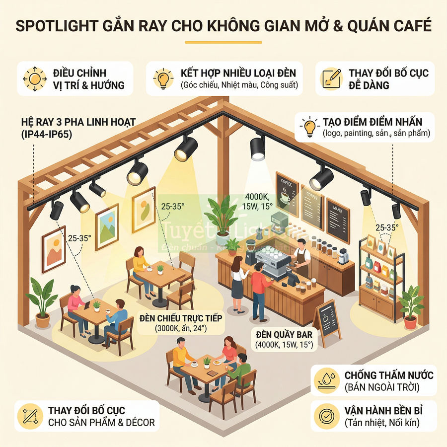 Đèn spotlight gắn ray 3 pha chiếu sáng quán cà phê, tạo điểm nhấn cho bàn khách và quầy bar