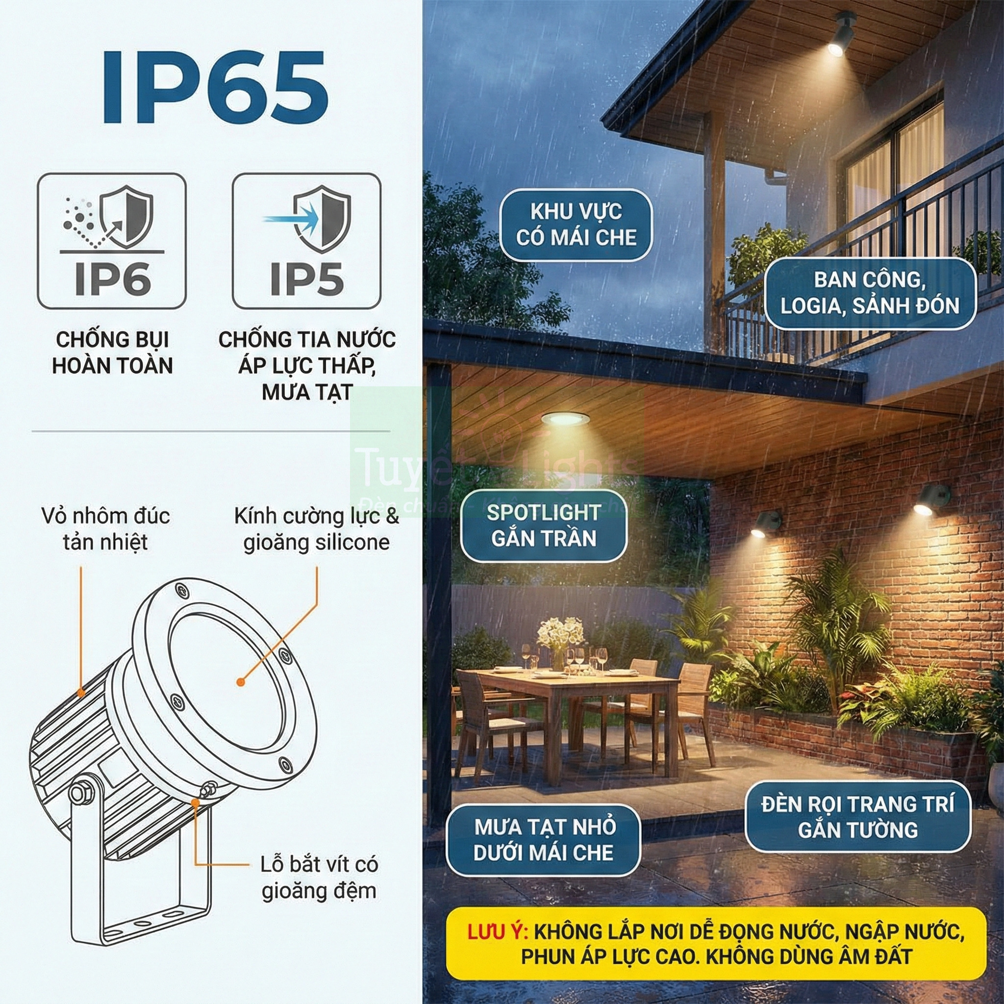 Đèn spotlight ngoài trời chuẩn IP65 chống bụi chống tia nước, lắp trần và tường trang trí sân vườn ban công