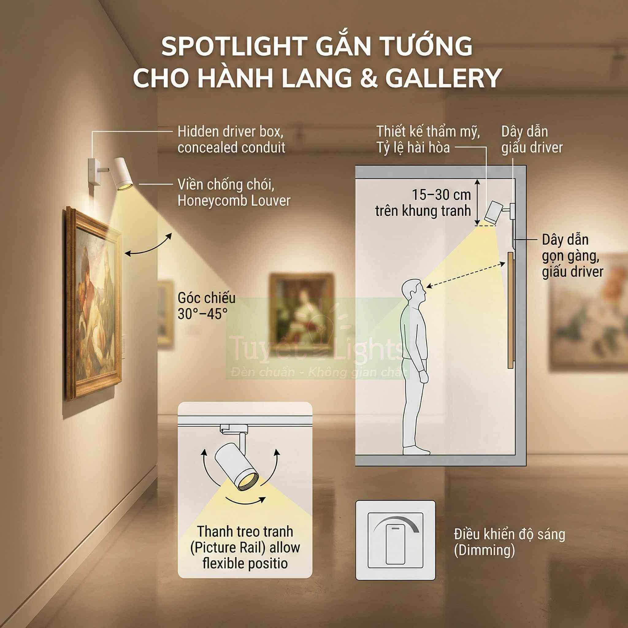 Đèn spotlight gắn tường chiếu tranh trong gallery, góc chiếu 30 45 độ, dây dẫn giấu kín, có điều khiển độ sáng