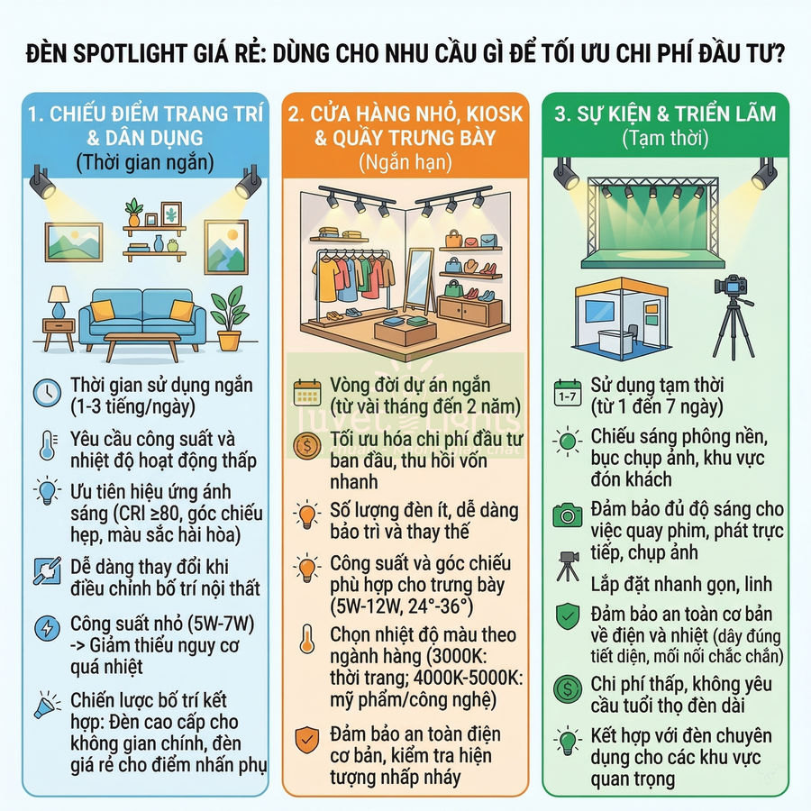 Infographic hướng dẫn chọn đèn spotlight giá rẻ cho trang trí nhà ở, cửa hàng nhỏ và sự kiện triển lãm