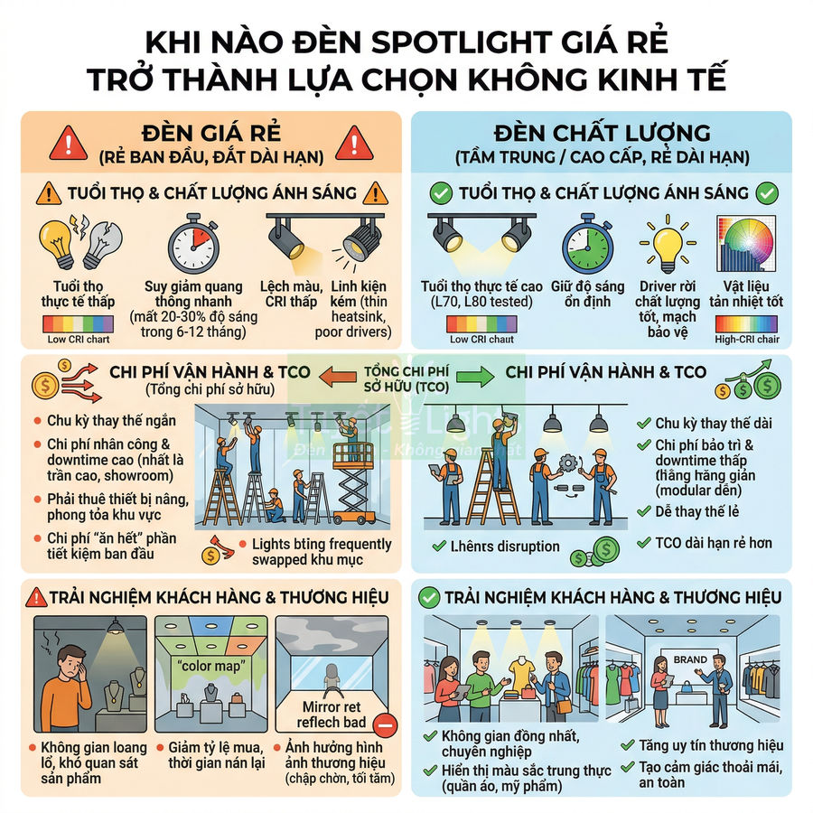 So sánh đèn spotlight giá rẻ và đèn spotlight chất lượng về tuổi thọ chi phí và trải nghiệm khách hàng