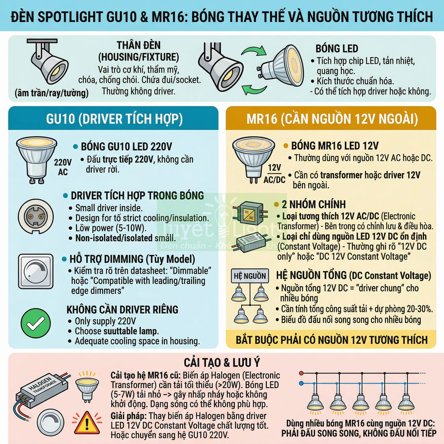Infographic hướng dẫn chọn bóng đèn LED spotlight GU10 và MR16, so sánh nguồn điện và driver tương thích
