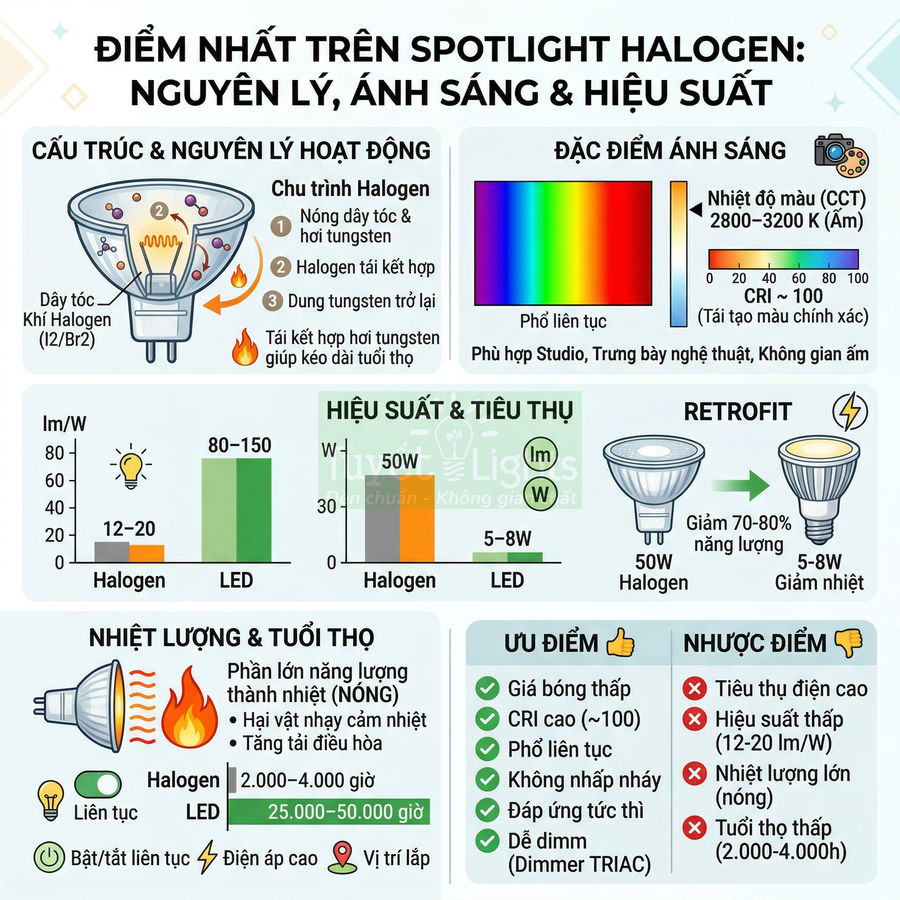 So sánh đèn spotlight halogen và đèn LED về cấu tạo, nguyên lý hoạt động, ánh sáng, hiệu suất và tuổi thọ