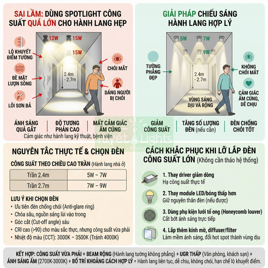 Hướng dẫn chọn công suất đèn spotlight âm trần chống chói cho hành lang hẹp và cách khắc phục khi lắp đèn quá sáng