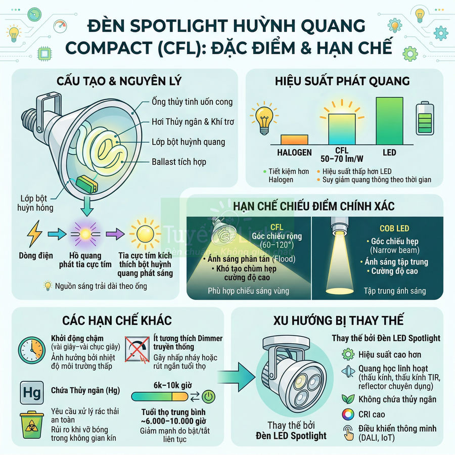 Infographic đèn spotlight huỳnh quang compact CFL, cấu tạo, hiệu suất, hạn chế và xu hướng thay thế bằng đèn LED