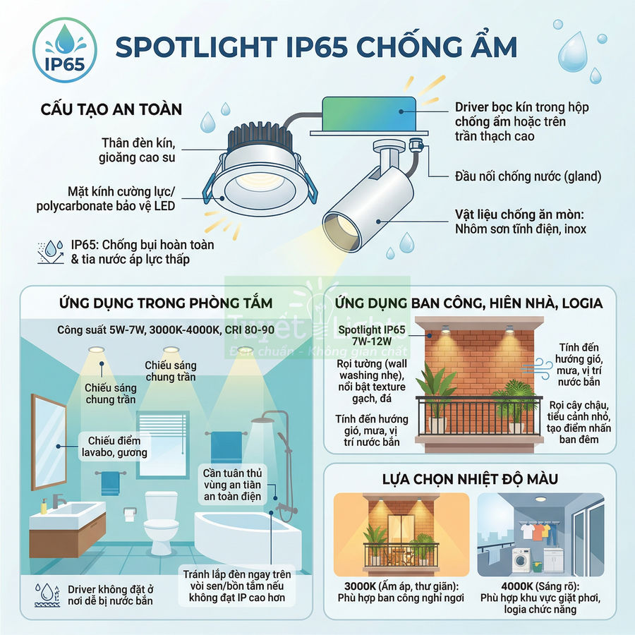 Đèn spotlight IP65 chống ẩm chiếu sáng phòng tắm và ban công, chống nước, an toàn cho không gian ẩm ướt