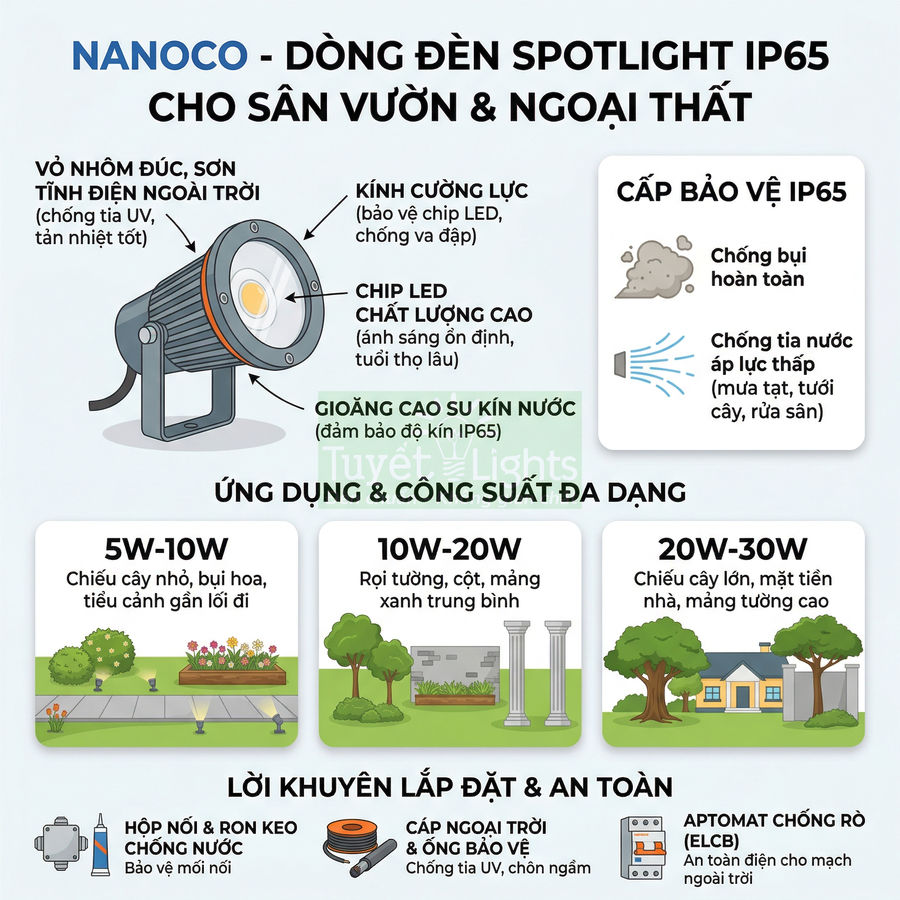 Đèn spotlight ngoài trời Nanoco IP65 chiếu sáng sân vườn, chống nước bụi, nhiều mức công suất khác nhau