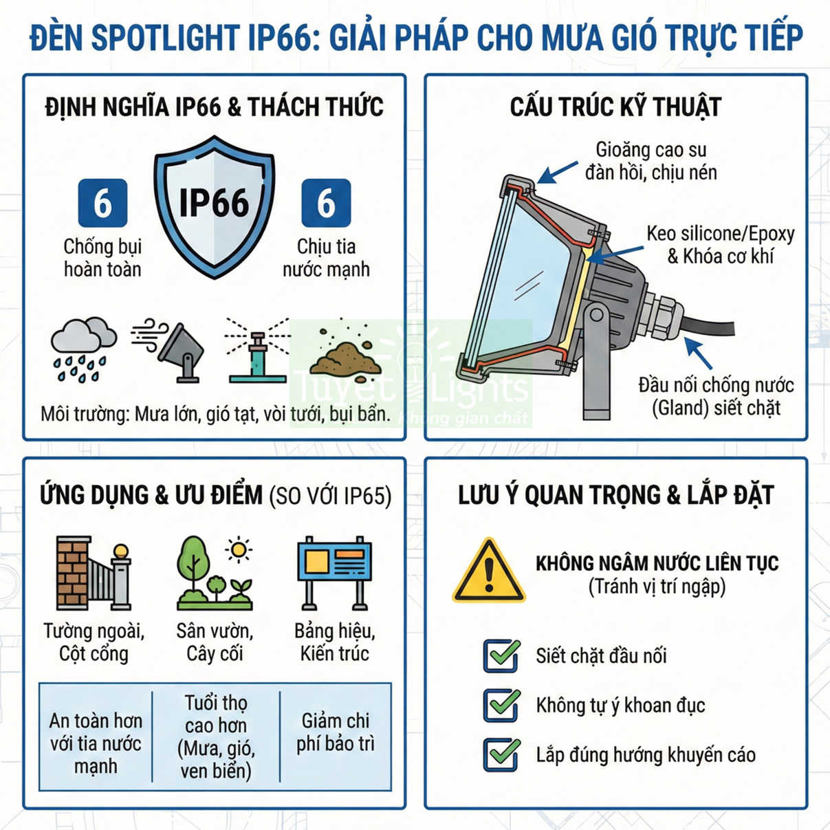 Infographic giới thiệu đèn spotlight ngoài trời chuẩn IP66 chống bụi, chịu tia nước mạnh và hướng dẫn lắp đặt an toàn