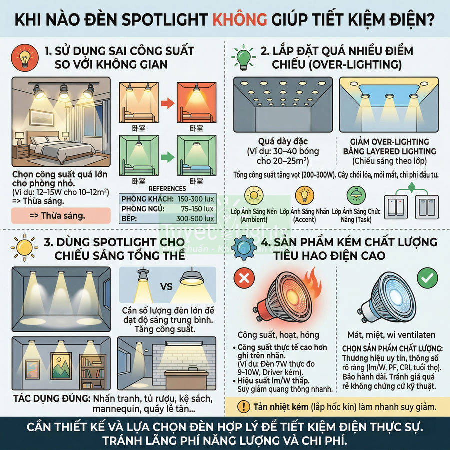 Infographic hướng dẫn chọn và lắp đặt đèn spotlight tiết kiệm điện, tránh lãng phí và quá sáng trong nhà