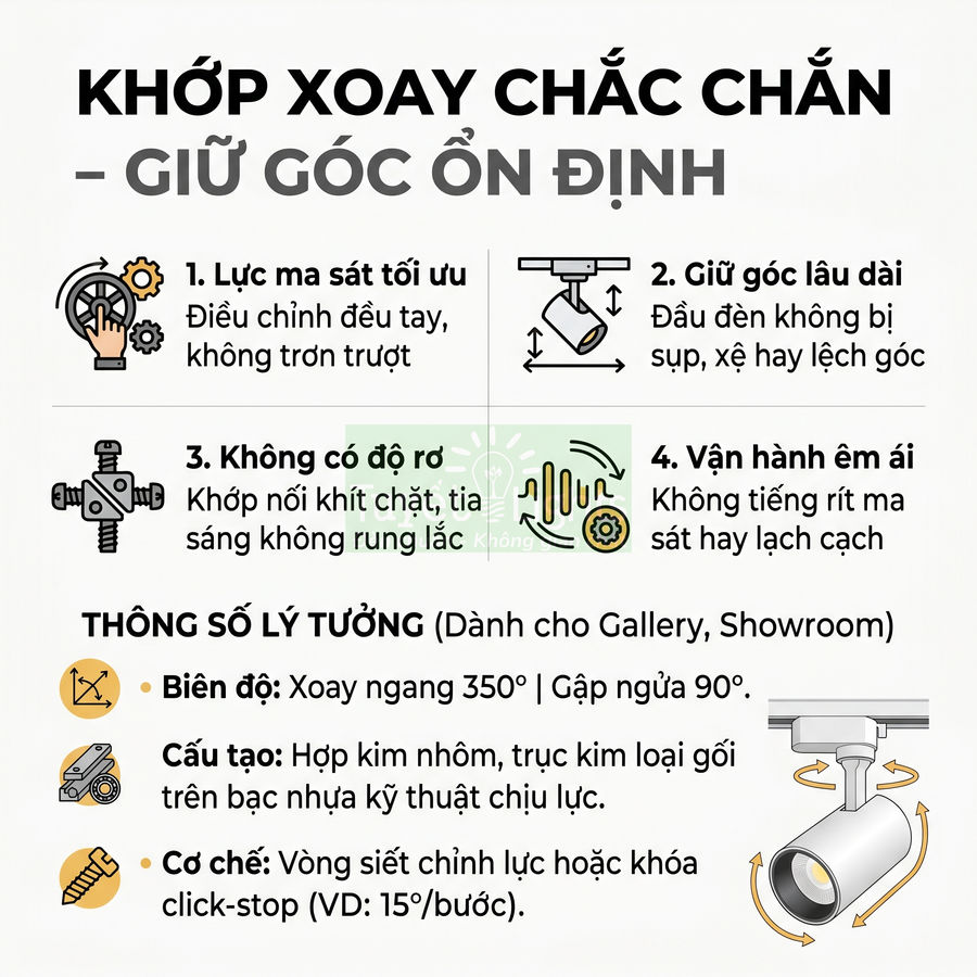 Đèn rọi ray khớp xoay chắc chắn, xoay 350 độ gập 90 độ, vận hành êm, giữ góc chiếu ổn định cho gallery showroom