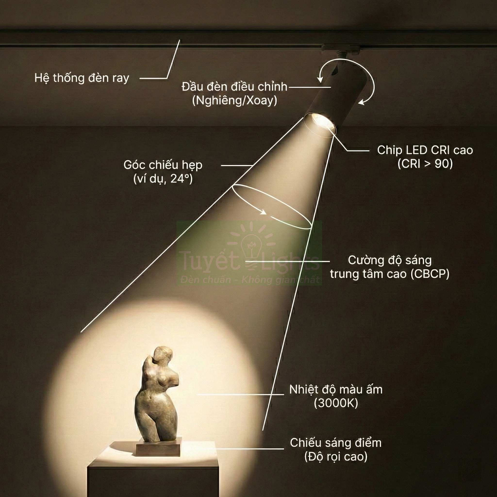Đèn rọi ray LED chiếu điểm góc hẹp ánh sáng vàng 3000K làm nổi bật tượng trưng bày trong không gian tối