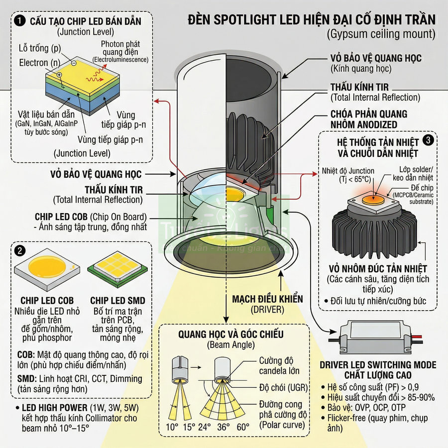 Cấu tạo đèn spotlight LED âm trần hiện đại với chip LED COB, thấu kính TIR và hệ thống tản nhiệt chi tiết