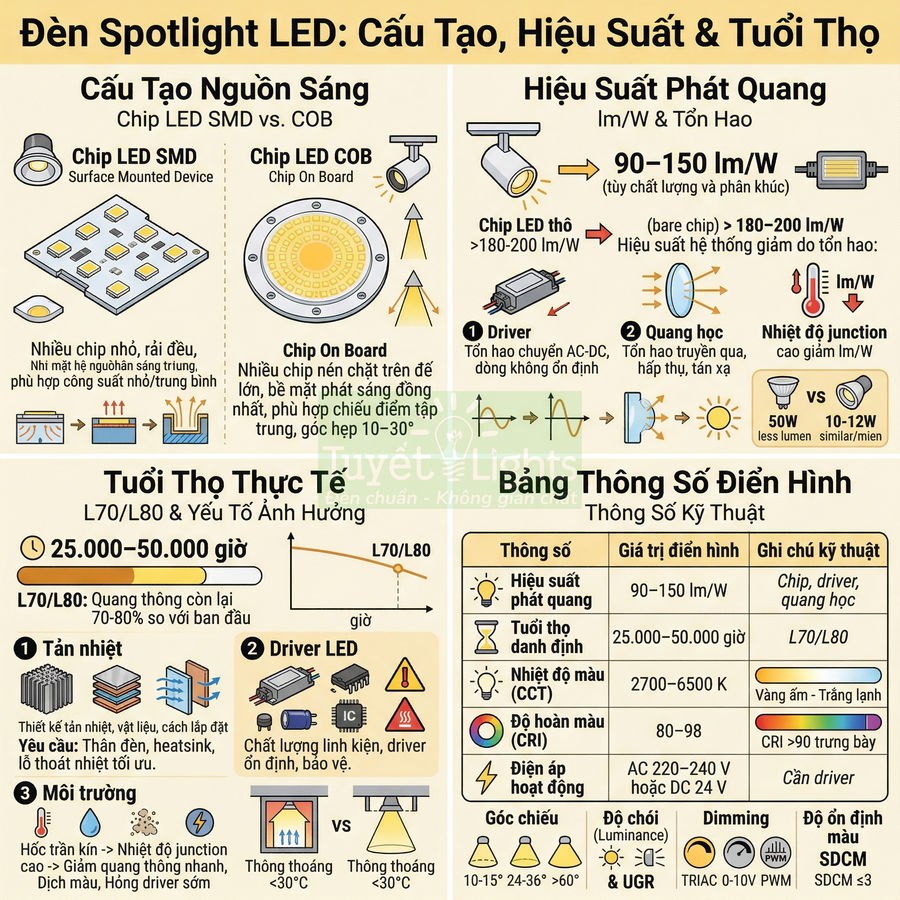 Infographic giới thiệu cấu tạo, hiệu suất, tuổi thọ và thông số kỹ thuật của đèn LED spotlight