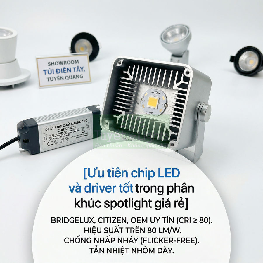 Đèn spotlight LED chip Citizen kèm driver rời chất lượng cao cho showroom, tản nhiệt nhôm dày chống nhấp nháy