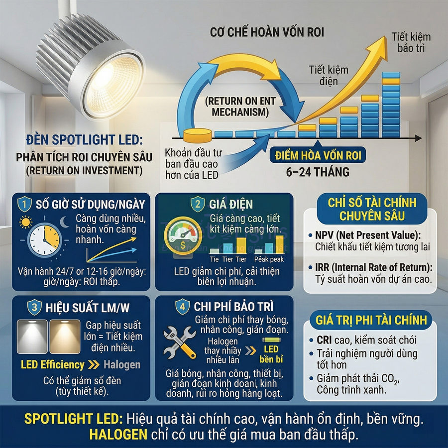 Infographic phân tích hiệu quả tài chính và hoàn vốn khi sử dụng đèn spotlight LED so với đèn halogen