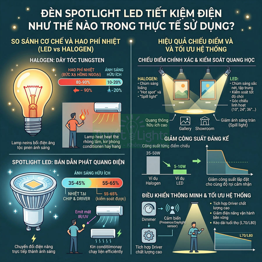 Infographic so sánh đèn spotlight LED và đèn halogen về hiệu suất chiếu sáng và khả năng tiết kiệm điện