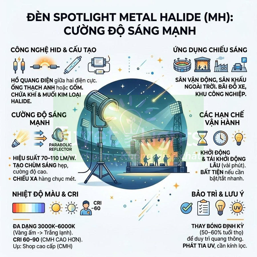 Infographic đèn spotlight Metal Halide MH chiếu sáng sân vận động, sân khấu ngoài trời và bãi đỗ xe