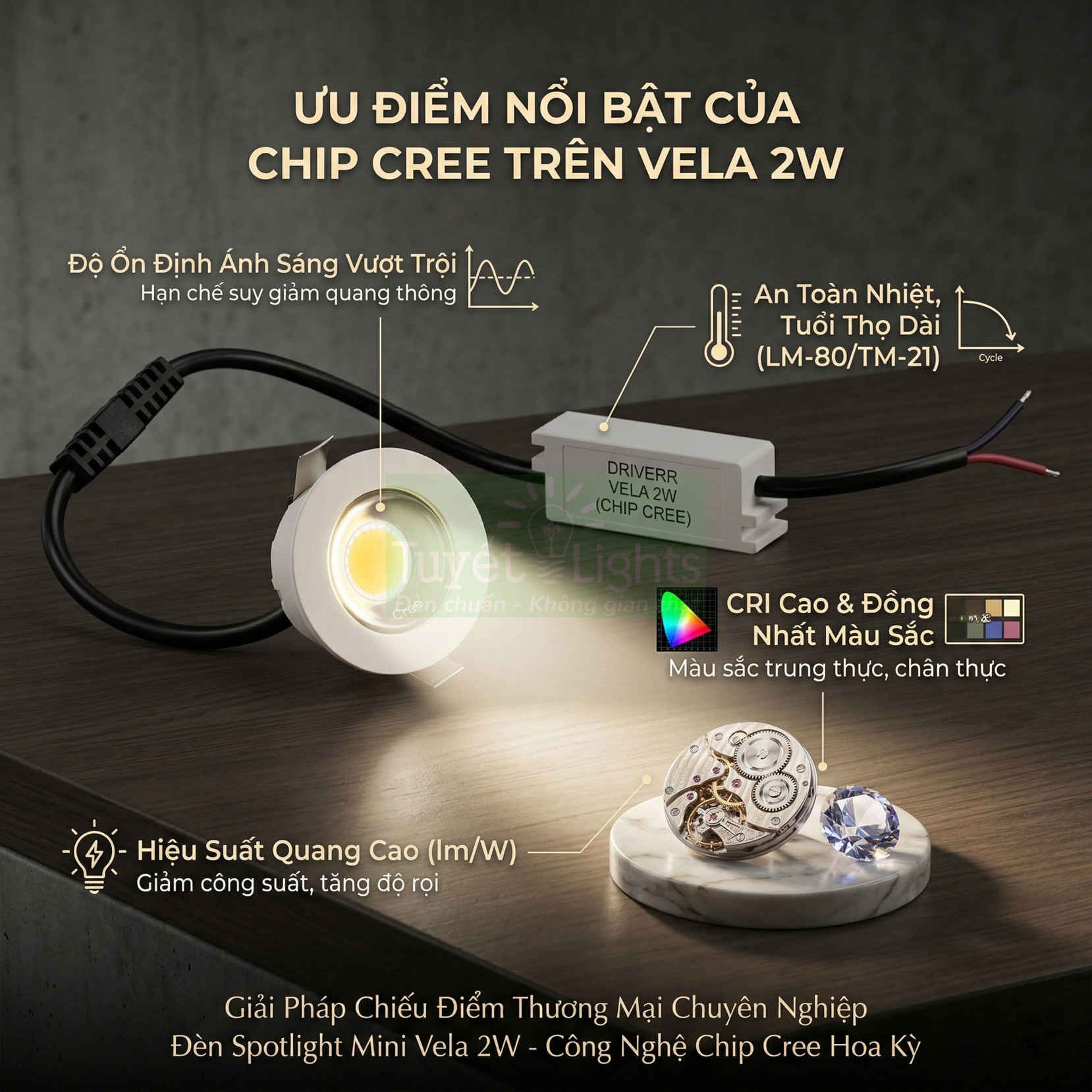 Đèn spotlight mini Vela 2W dùng chip Cree chiếu sáng vật phẩm trưng bày trên bàn gỗ