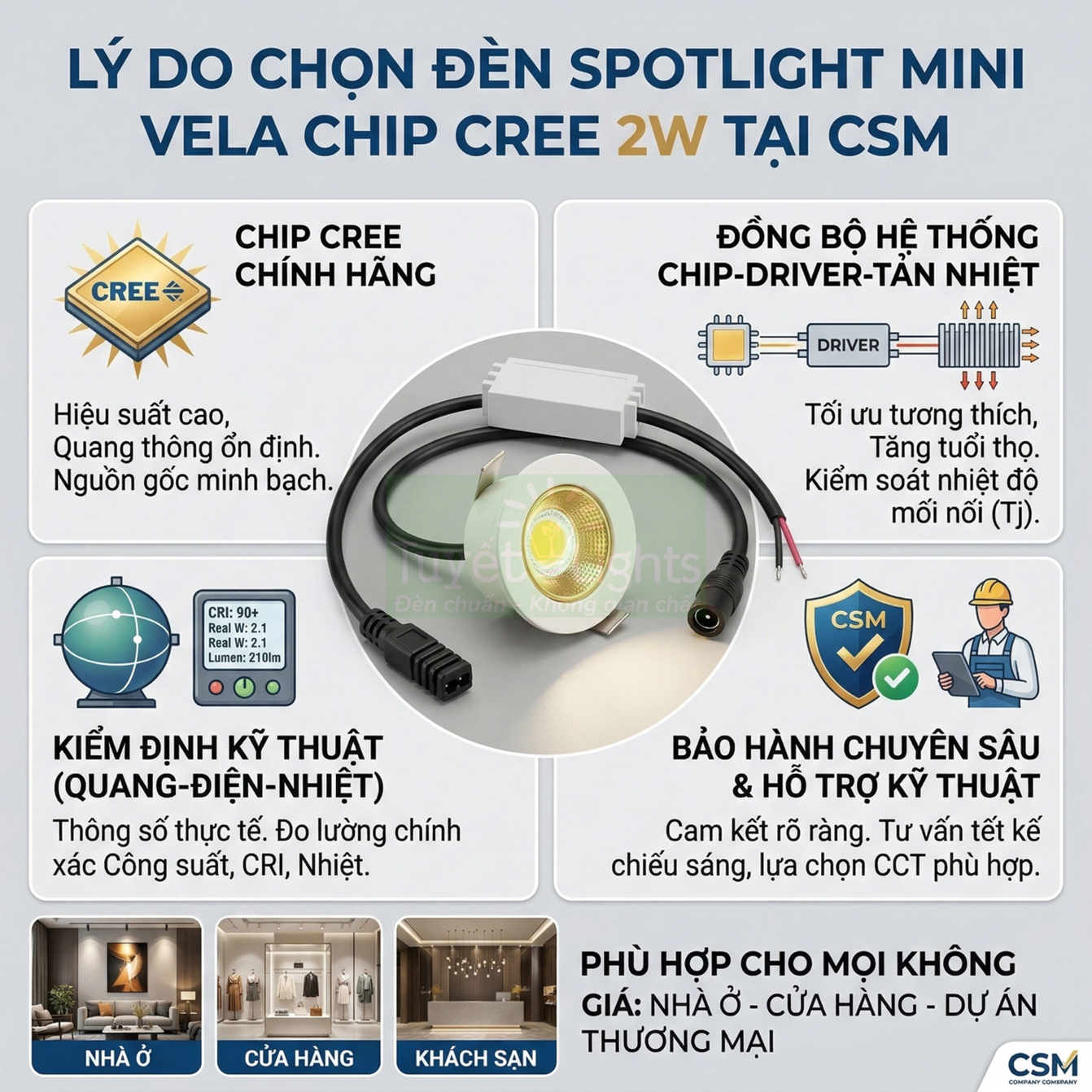 Đèn spotlight mini Vela chip Cree 2W của CSM kèm driver, dùng chiếu sáng nhà ở và cửa hàng