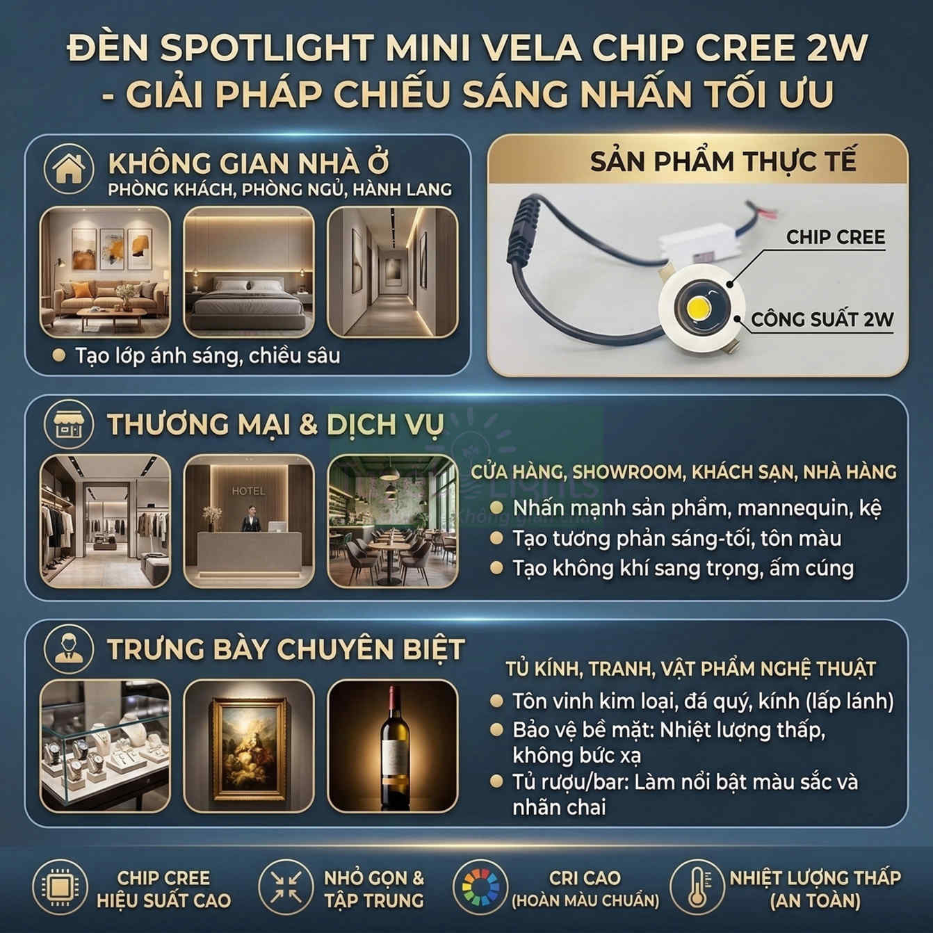Đèn spotlight mini Vela chip Cree 2W chiếu điểm cho nhà ở, cửa hàng, khách sạn, tủ kính trưng bày