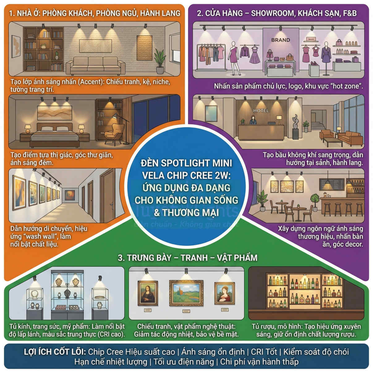 Ứng dụng đèn spotlight mini Vela chip Cree 2W chiếu sáng nhà ở, cửa hàng, trưng bày tranh và tủ rượu đa dạng