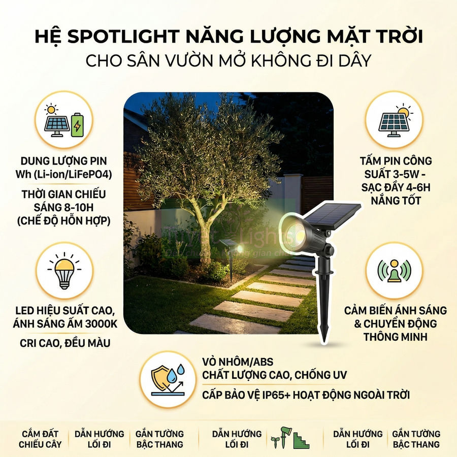 Đèn spotlight năng lượng mặt trời chiếu sáng sân vườn, tấm pin rời, cảm biến chuyển động, vỏ chống nước IP65