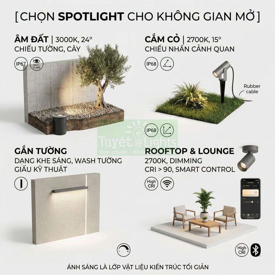 Đèn spotlight ngoài trời Tuyết Lights cho sân vườn, gắn tường, âm đất và rooftop, ánh sáng vàng ấm điều khiển thông minh