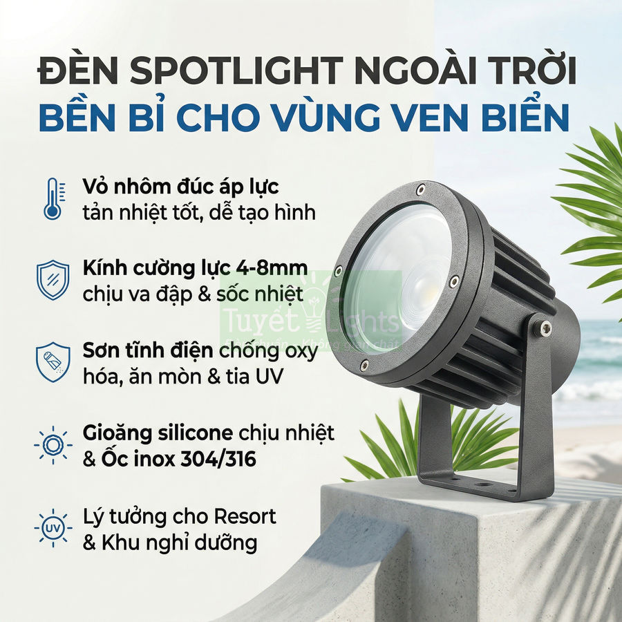 Đèn spotlight ngoài trời vỏ nhôm đúc chống ăn mòn đặt trên trụ bê tông gần biển