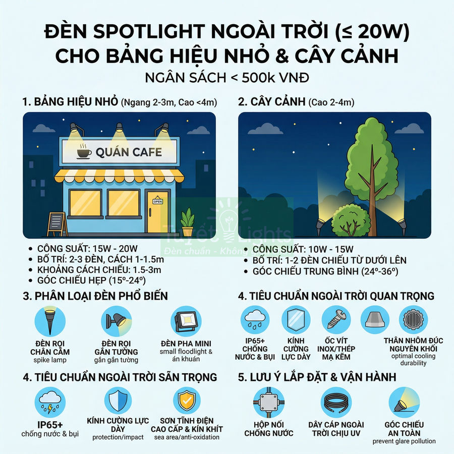 Infographic hướng dẫn chọn đèn spotlight ngoài trời dưới 20W cho bảng hiệu nhỏ và cây cảnh ngân sách dưới 500k VNĐ