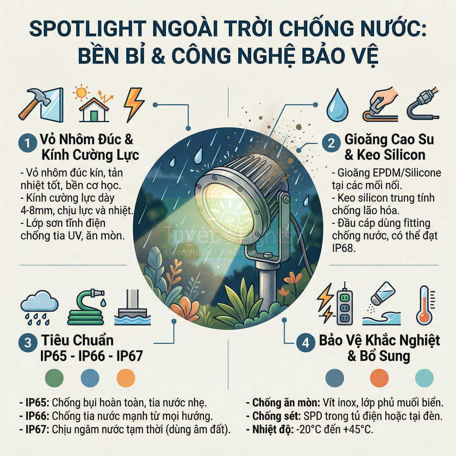 Đèn spotlight ngoài trời chống nước chiếu sáng vườn cây, vỏ nhôm đúc và kính cường lực bền bỉ