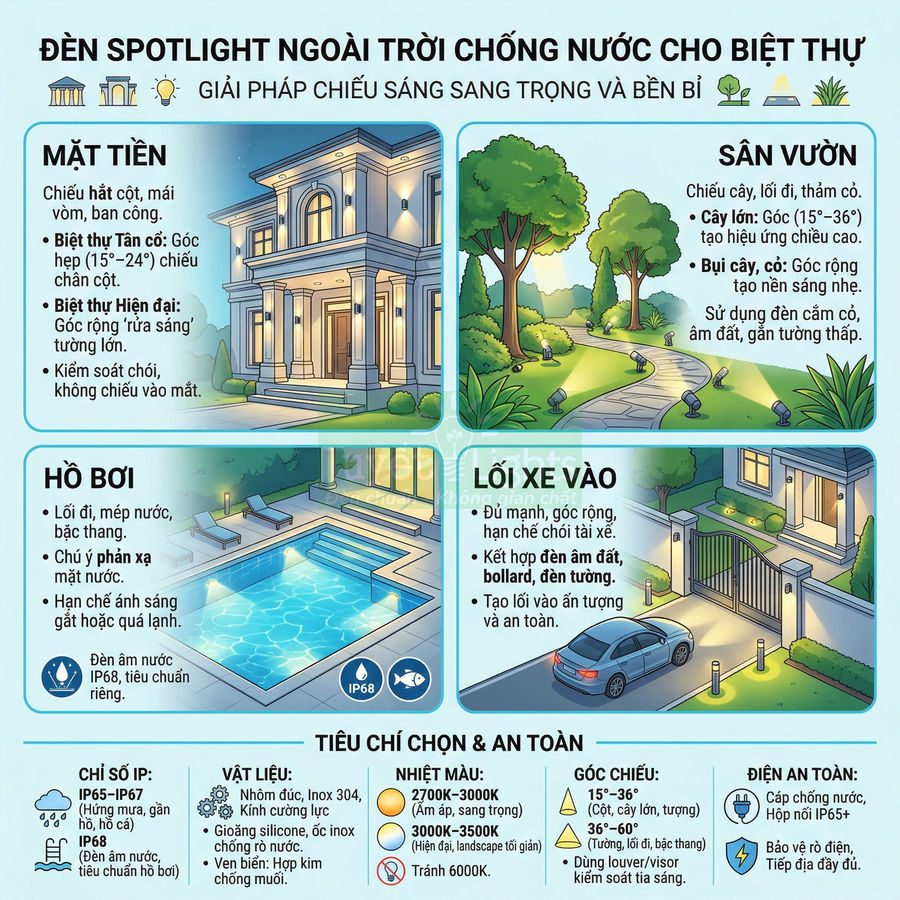 Infographic đèn spotlight ngoài trời chống nước cho biệt thự, chiếu sáng mặt tiền, sân vườn, hồ bơi và lối xe vào