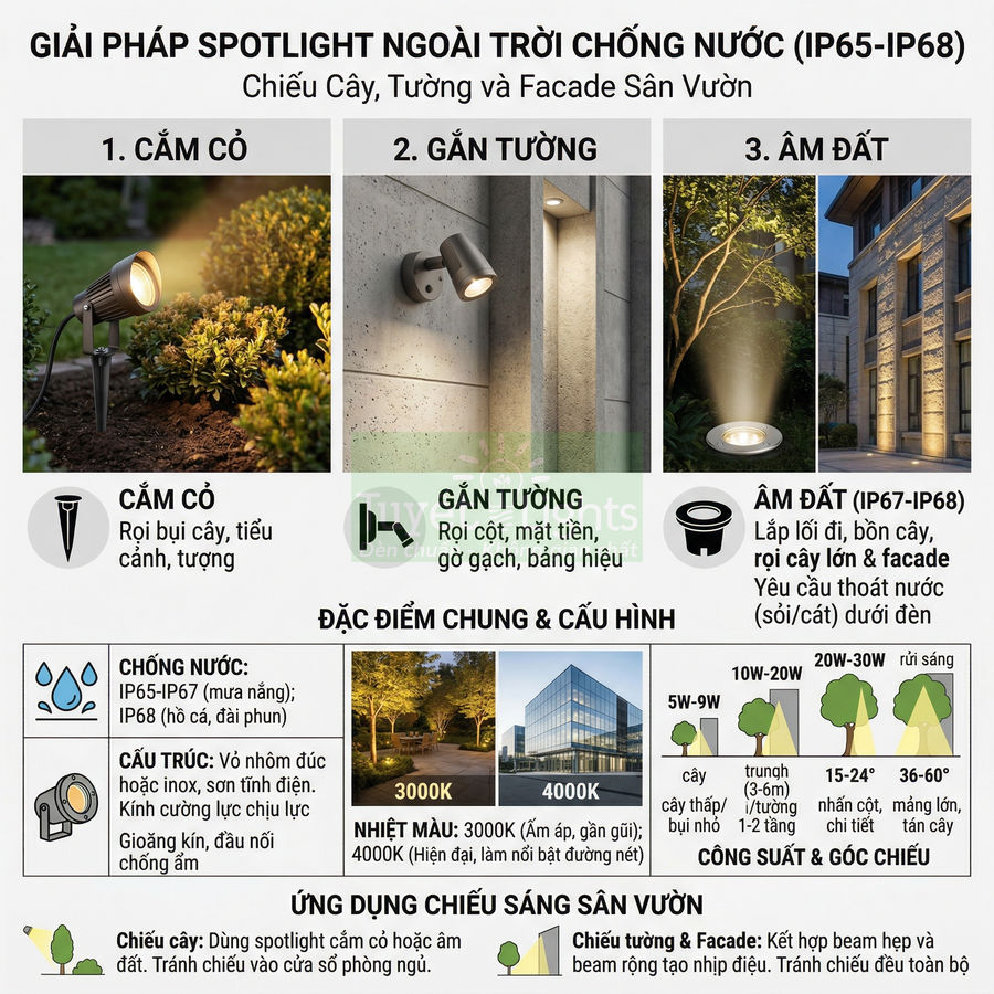 Đèn spotlight ngoài trời chống nước IP65 IP68 chiếu cây tường và facade sân vườn nhiều kiểu lắp đặt