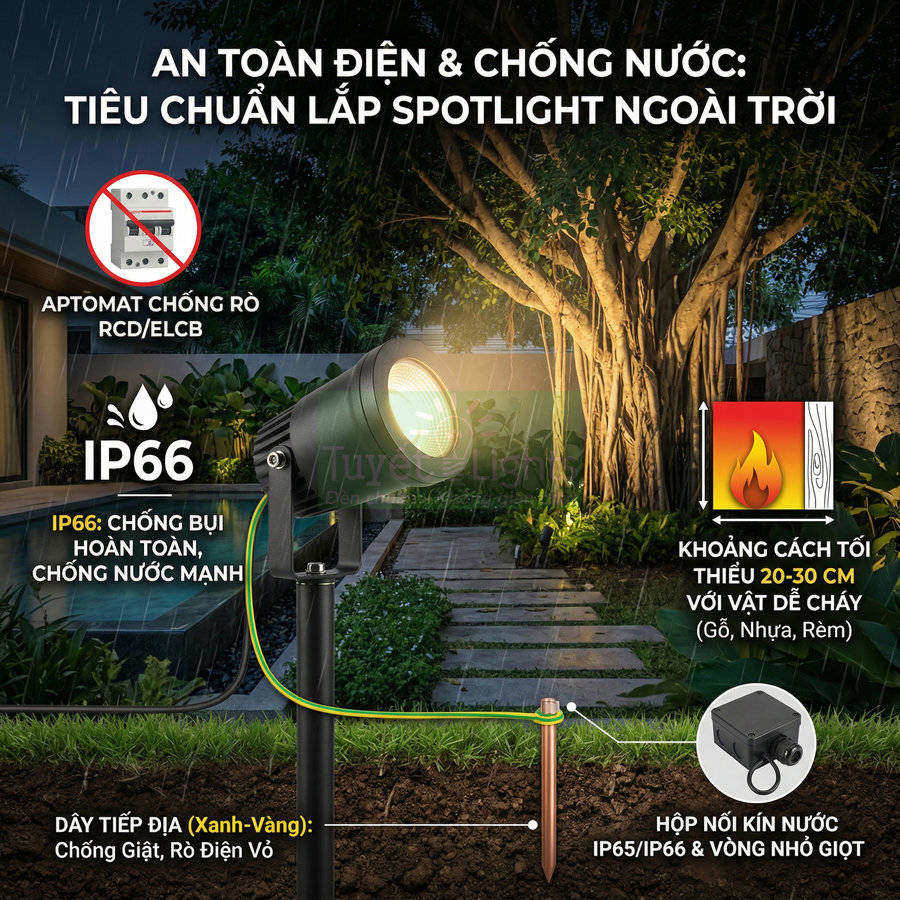 Đèn spotlight ngoài trời chống nước IP66 chiếu sáng gốc cây trong vườn kèm dây tiếp địa an toàn