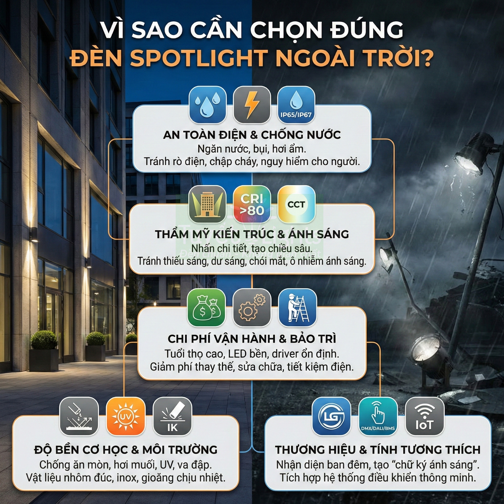 Infographic lợi ích khi chọn đúng đèn spotlight ngoài trời an toàn chống nước bền tiết kiệm điện và thẩm mỹ kiến trúc
