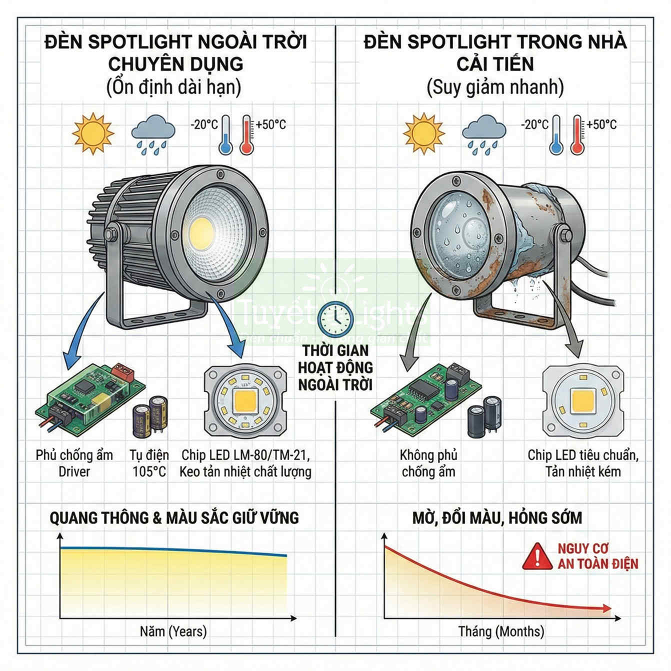 So sánh đèn spotlight ngoài trời chuyên dụng bền bỉ với đèn spotlight trong nhà cải tiến nhanh hỏng
