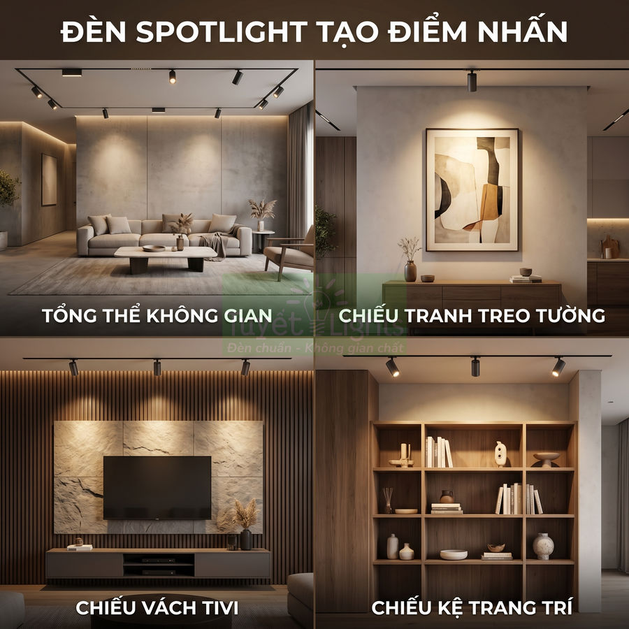 Đèn spotlight trang trí chiếu sáng phòng khách hiện đại, làm nổi bật tranh treo tường, vách tivi và kệ gỗ trưng bày