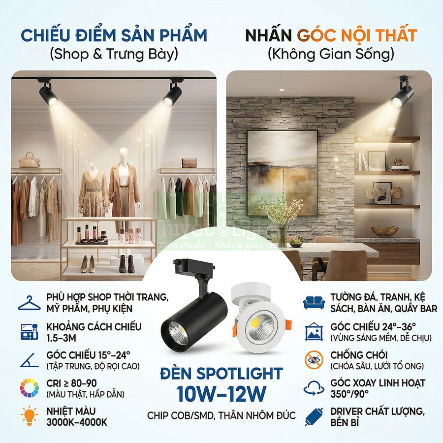 Đèn spotlight LED 10W 12W chiếu điểm cho shop thời trang và nhấn góc nội thất phòng khách