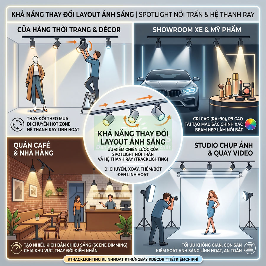Hệ thống đèn spotlight nổi trần và thanh ray linh hoạt cho cửa hàng, showroom, quán cà phê và studio chụp ảnh