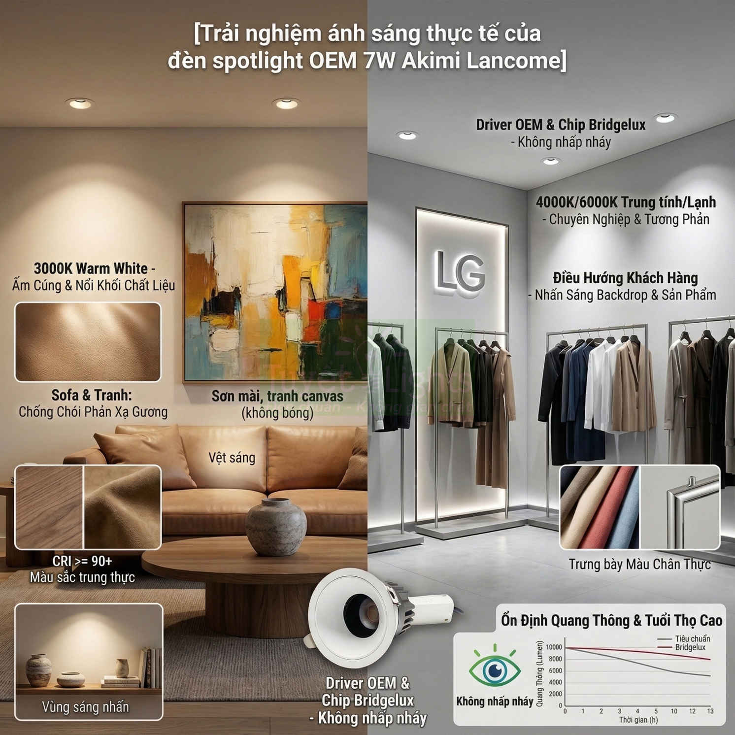 Đèn spotlight OEM 7W Akimi Lancome chiếu sáng phòng khách và showroom thời trang LG, làm nổi bật sofa và quần áo trưng bày