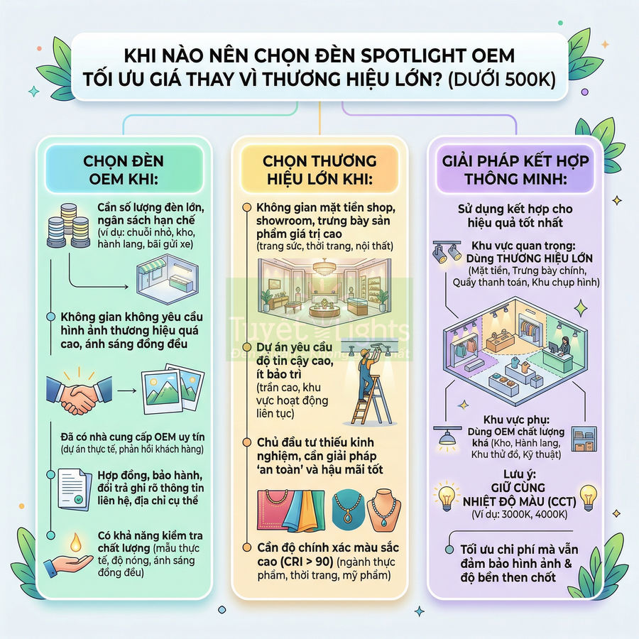 Infographic so sánh lựa chọn đèn spotlight OEM và đèn thương hiệu lớn, gợi ý giải pháp kết hợp tối ưu chi phí