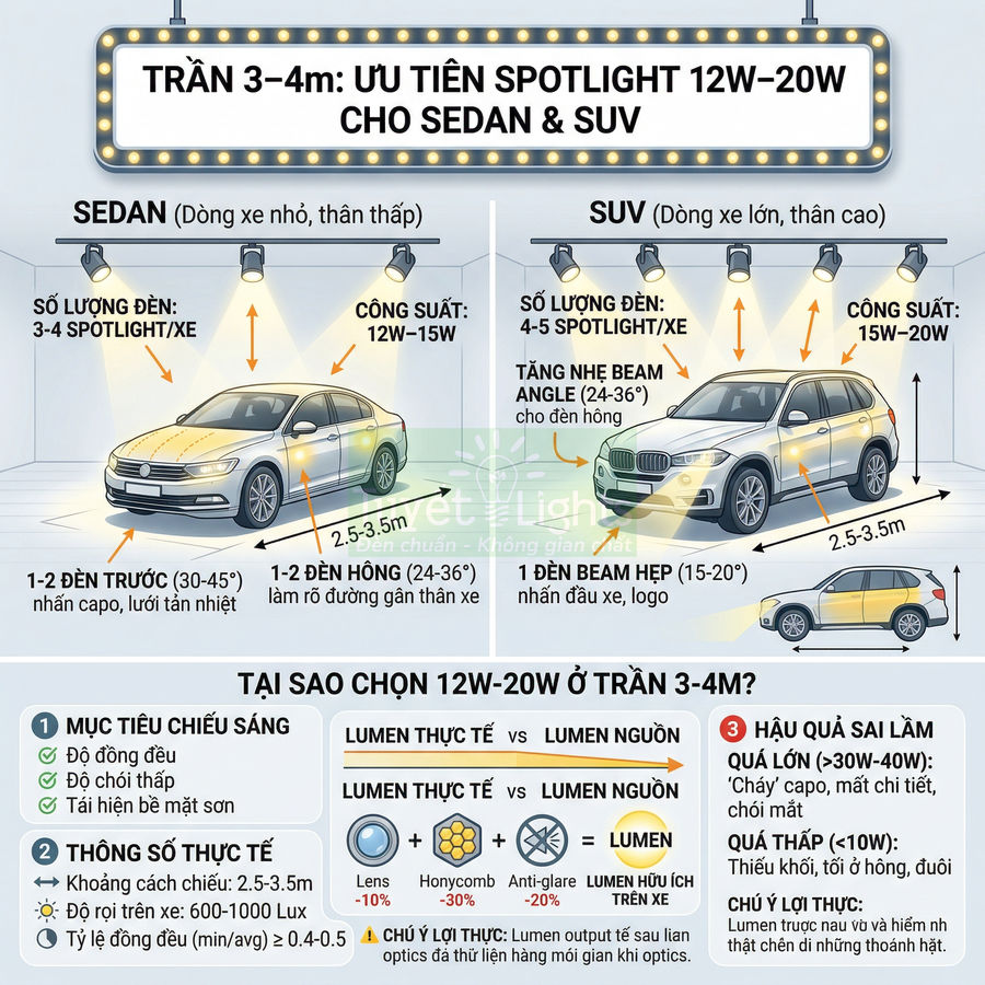 Hướng dẫn bố trí đèn spotlight 12W 20W chiếu sáng xe sedan và SUV trong showroom trần cao 3 4m