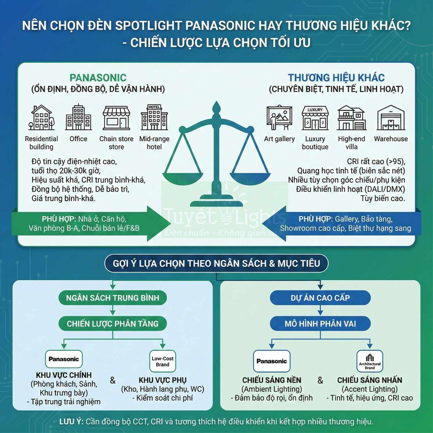 Infographic so sánh đèn spotlight Panasonic với các thương hiệu khác và gợi ý lựa chọn theo ngân sách, mục tiêu chiếu sáng