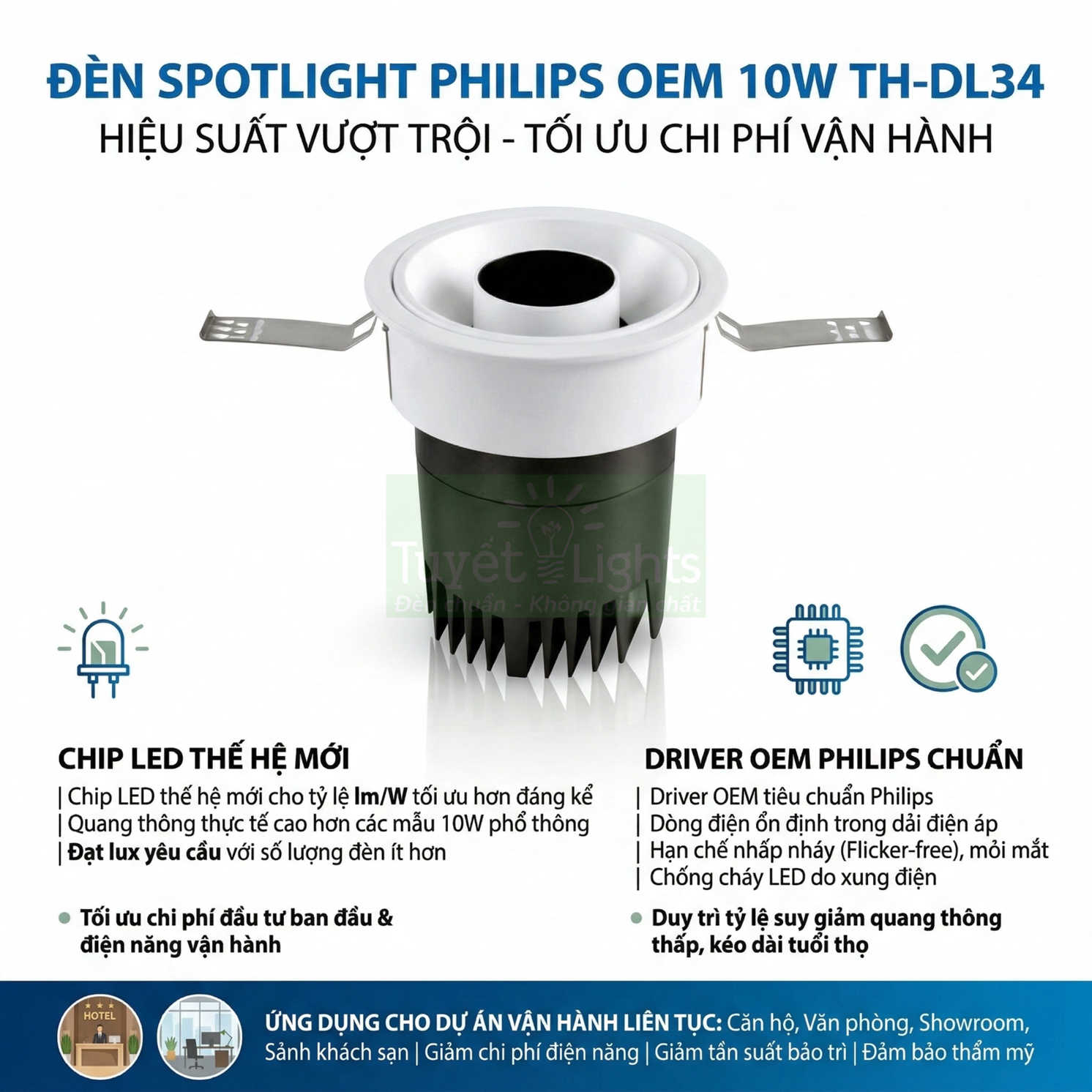 Đèn spotlight âm trần Philips OEM 10W TH DL34 màu trắng đen, chip LED thế hệ mới, driver Philips chuẩn