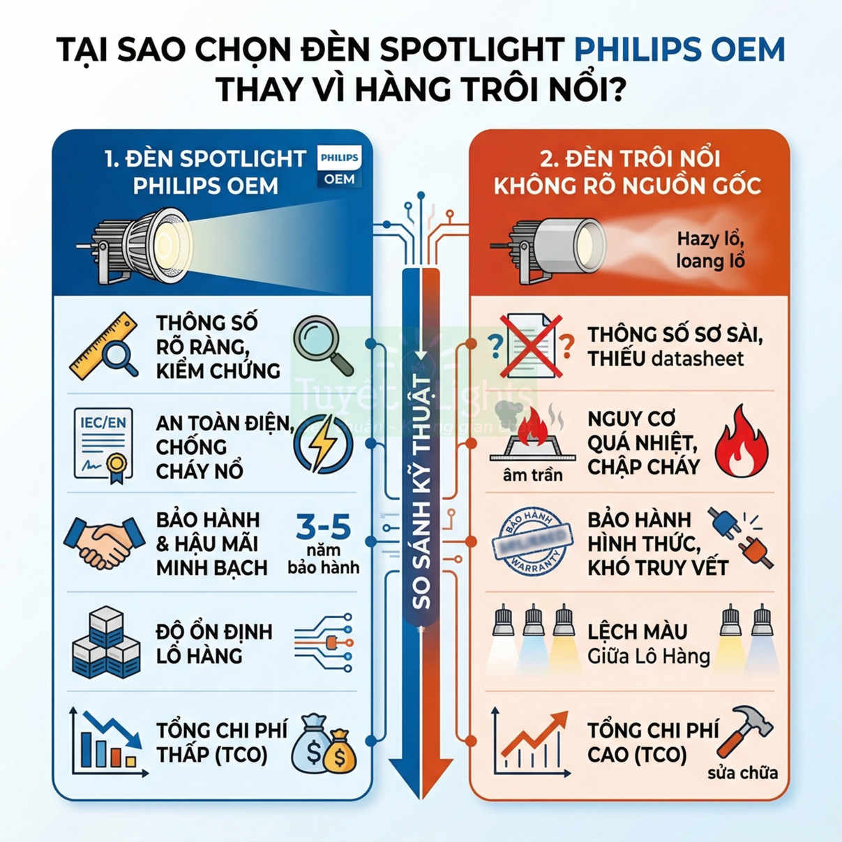 So sánh ưu điểm đèn spotlight Philips OEM chính hãng với đèn trôi nổi không rõ nguồn gốc
