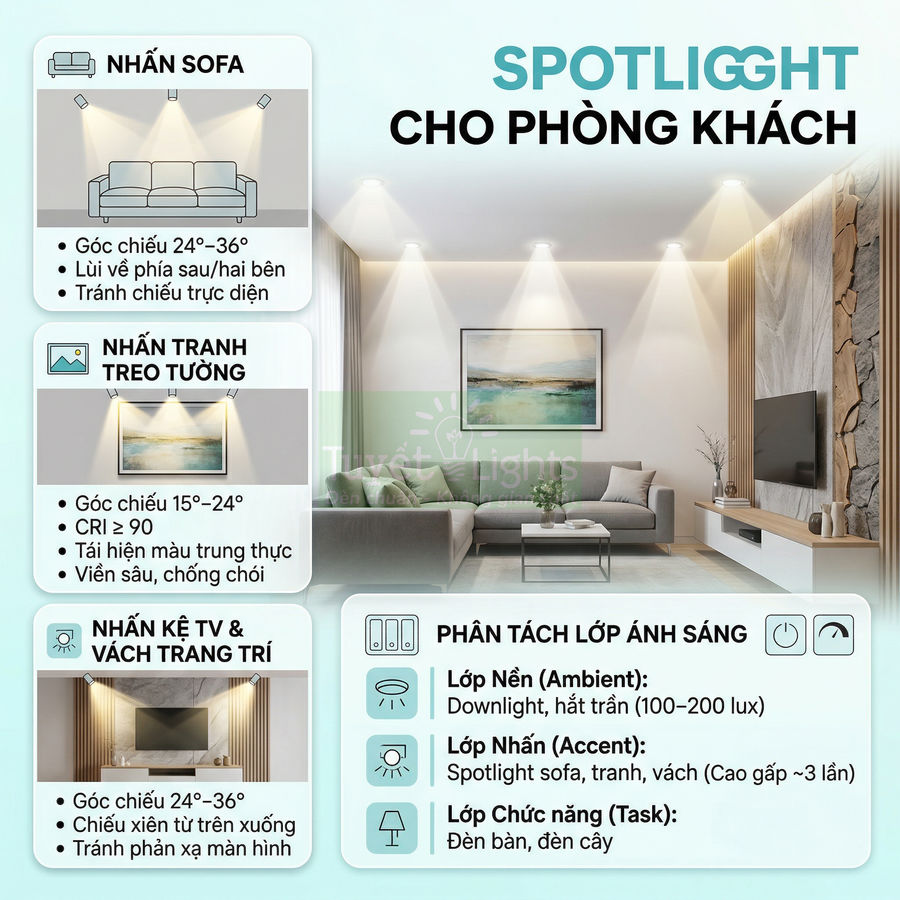 Đèn spotlight âm trần chiếu sáng sofa, tranh treo tường và kệ TV trong phòng khách hiện đại