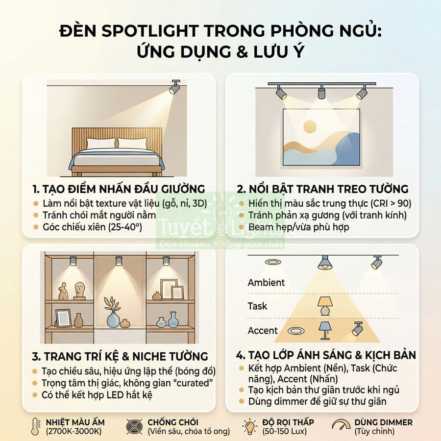 Infographic hướng dẫn sử dụng đèn spotlight trong phòng ngủ để tạo điểm nhấn đầu giường, tranh treo tường và kệ trang trí