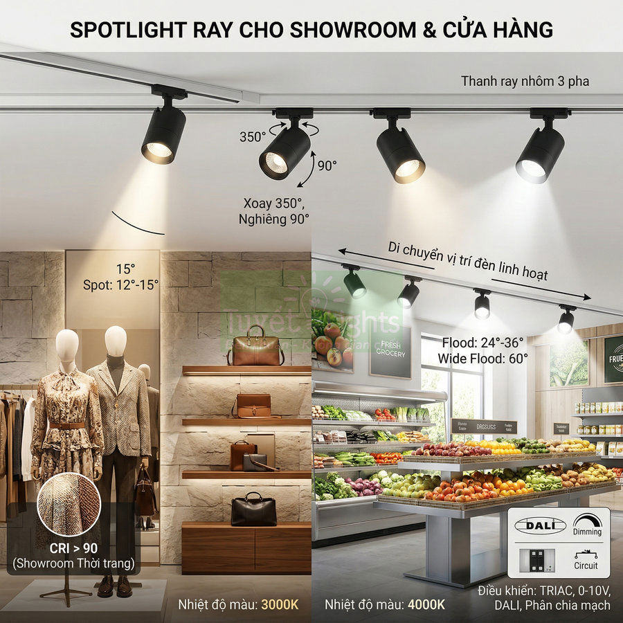 Đèn spotlight ray LED chiếu rọi quần áo và kệ trái cây trong showroom và cửa hàng, ánh sáng 3000K và 4000K