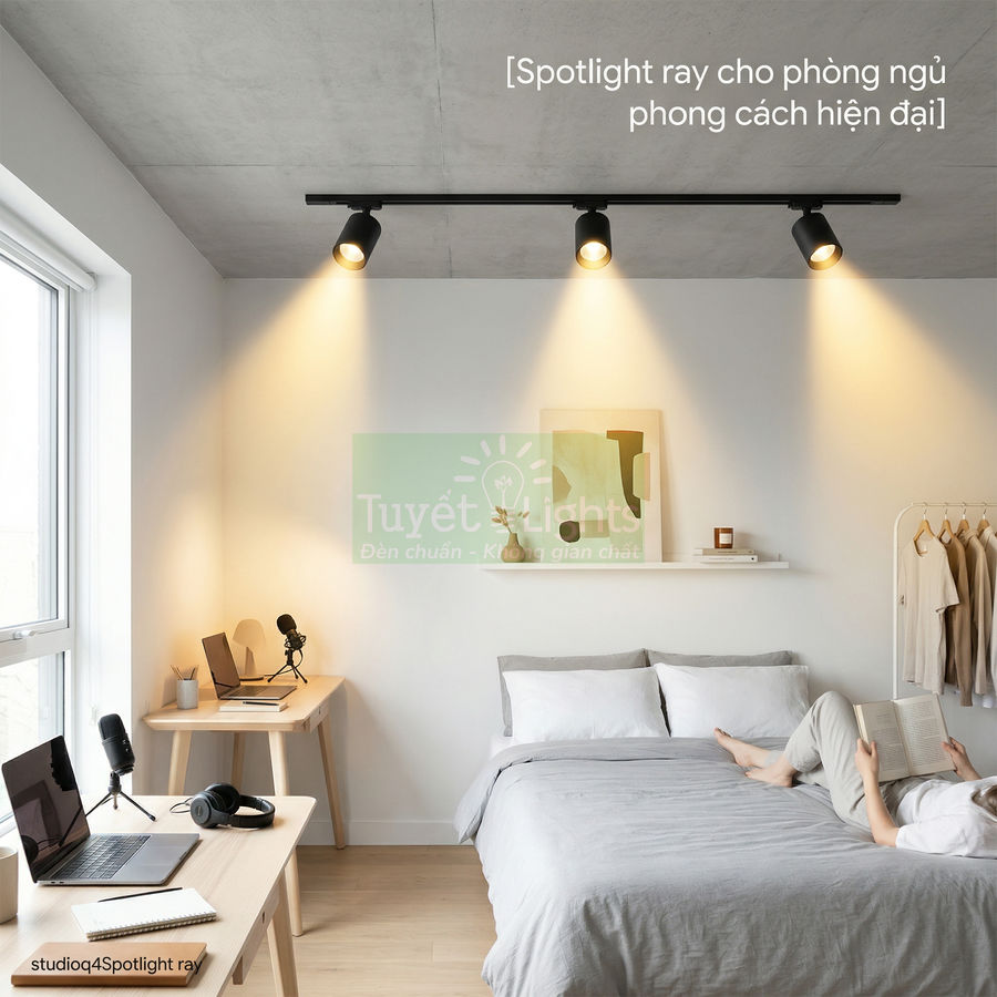 Đèn spotlight ray Tuyết Lights chiếu sáng phòng ngủ phong cách hiện đại với giường và bàn làm việc gỗ