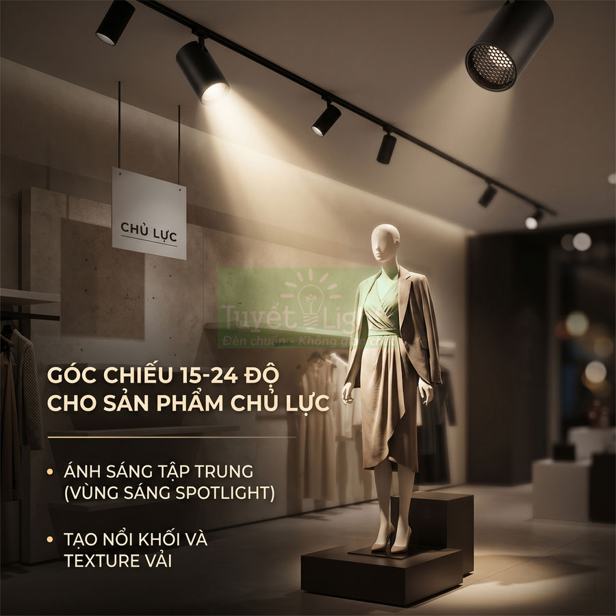 Đèn rọi ray spotlight chiếu tập trung lên ma nơ canh trưng bày váy trong cửa hàng thời trang